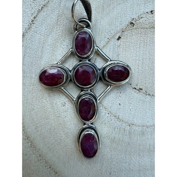 Lg Artisan Ruby Gemstone Cross Statement Pendant Sterling Silver Religious Gift - Picture 1 of 5